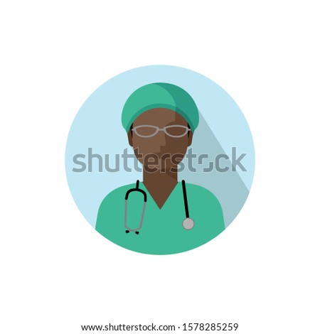 Vector doctor icon. The image of a woman doctor, with a stethoscope, in a medical uniform of green color, wearing glasses. Isolated color illustration, avatar of a doctor in flat style in circle