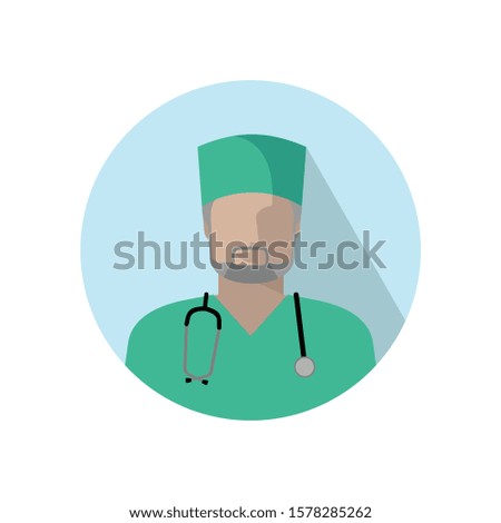 Vector medical doctor icon. Image of a male doctor, nurse or orderly with a stethoscope in a green uniform and headdress. Color Illustration, avatar in flat style in circle