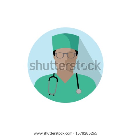 Vector medical doctor icon. Image of a male doctor, nurse or orderly with a stethoscope in a green uniform, glasses and headdress. Color Illustration of medical doctor avatar in flat style in circle
