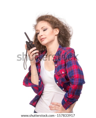 Woman with cb radio, isolated
