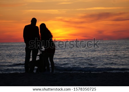 The image of two people in love, with two of dogs at sunset 