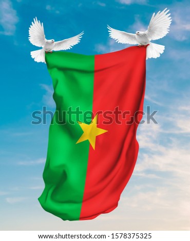 Burkina Faso flag carried by white pigeon with sky background