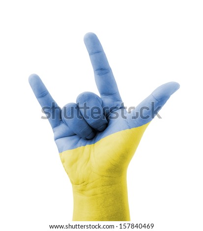 Hand making I love you sign, Ukraine flag painted, multi purpose concept - isolated on white background