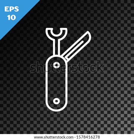 White line Swiss army knife icon isolated on transparent dark background. Multi-tool, multipurpose penknife. Multifunctional tool.  Vector Illustration