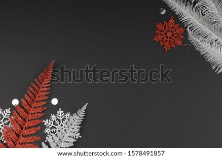 Christmas or winter composition. white and red snowflakes, multi colored tree branches on black background. Christmas, winter, new year concept. Flat lay, top view, copy space