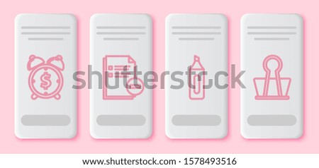 Set line Alarm clock with dollar symbol, Document with minus, Marker pen and Binder clip. White rectangle button. Vector