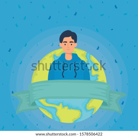 young man with world planet character vector illustration design
