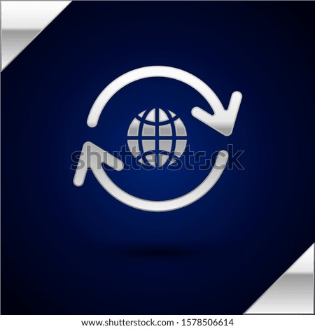 Silver Planet earth and a recycling icon isolated on dark blue background. Environmental concept.  Vector Illustration