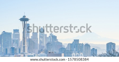 View of Seattle Bright Day Light Winter skyline, WA, USA