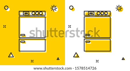Black Refrigerator icon isolated on yellow and white background. Fridge freezer refrigerator. Household tech and appliances. Random dynamic shapes. Vector Illustration