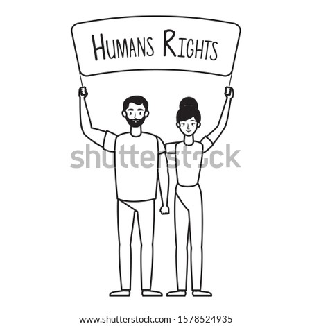 young lovers couple with human rights label vector illustration design