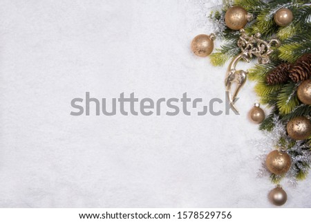 Christmas border flat lay with pine, presents and snow. Cristmas and New Year holiday background.