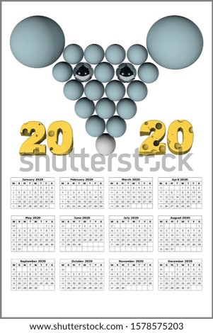 3D illustration of 2020 New Year chrisrmas calendar with rat image isolated on white