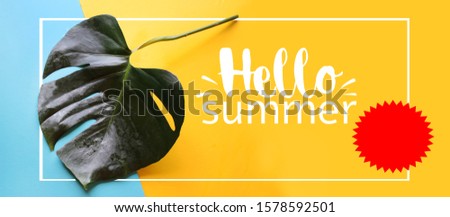 It is a photo of a tropical leaf on a background with text that welcomes the summer