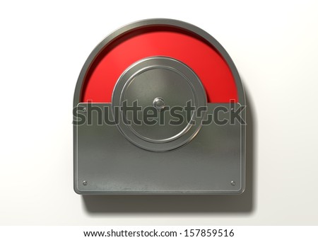 A regular public restroom metal door mechanism indicating red for occupied on an isolated white textured background