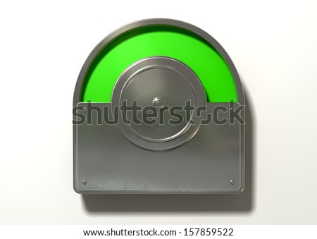 A regular public restroom metal door mechanism indicating green for vacant on an isolated white textured background