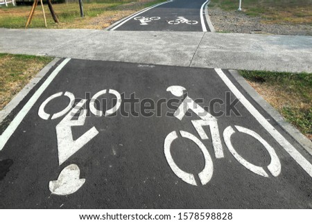 Painted signs on asphalt for bicycle dedicated lanes. A separate bike path in the city