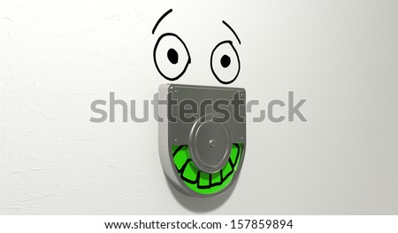 A restroom door mechanism defaced with a drawn face indicating green for vacant and showing relief on an isolated white textured background