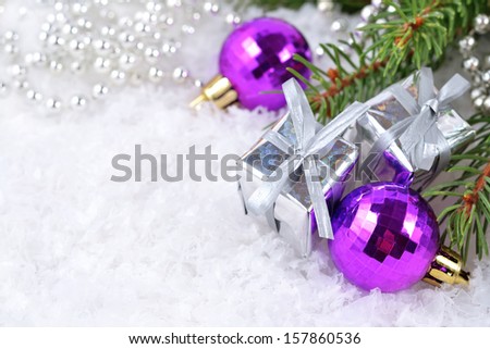 Christmas decorations on a spruce branch