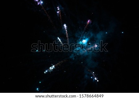 Color fireworks festival. Christmas, new year celebration holiday background. Dark background. 