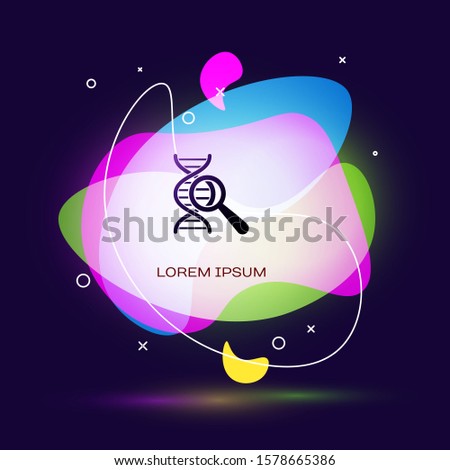 Black DNA research, search icon on dark blue background. Magnifying glass and dna chain. Genetic engineering, cloning, paternity testing. Abstract banner with liquid shapes. 
