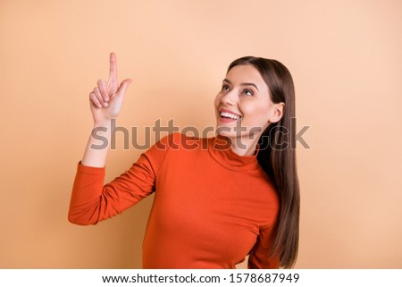 Photo portrait of one confident skilled positive successful real estate agent showing way to the top isolated pastel color background