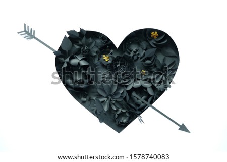 Black paper flowers, floral background, bridal bouquet, wedding, quilling, Valentine's day greeting card, heart shape