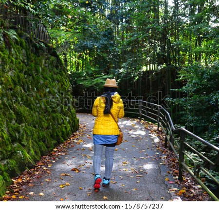 Asian woman walking on the trail at deep forest in sunny day.