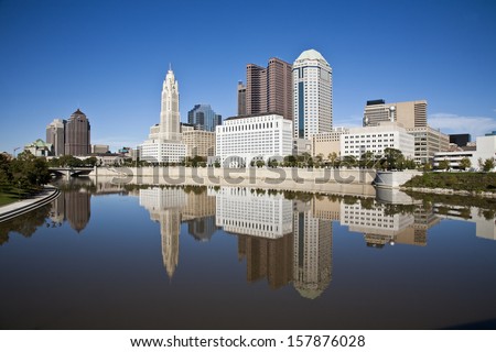 Columbus, Ohio skyline reflected in the Scioto River.  Columbus is the capital of Ohio