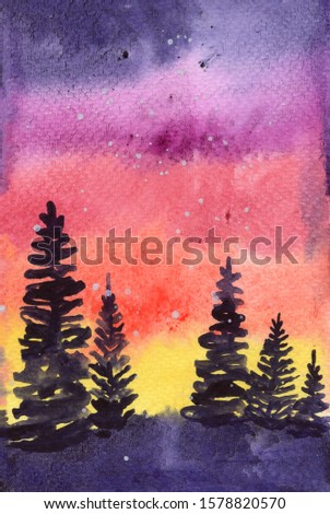 Winter landscape. Northern lights. Hand drawn watercolor post card, decorative poster. Red, purple, yellow and violet sky. Snowy forest. Fir-trees blue silhouette. Christmas and New Year. Nature