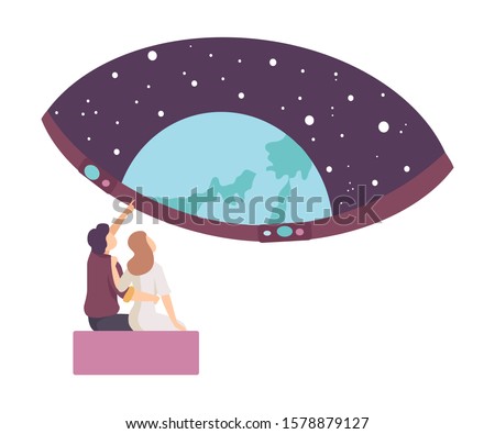 Young Couple Sitting in Planetarium and Watching Stars on Projection Vector Illustration
