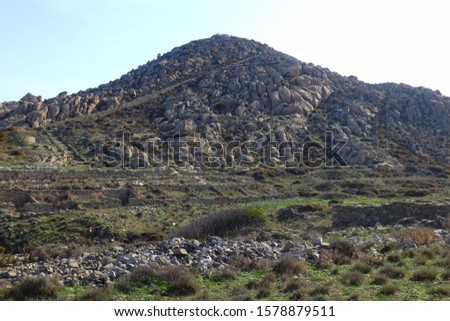 Photo of mount Cynthus on top of Delos archaeological site and island, Cyclades, Greece