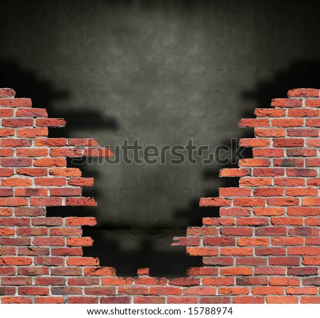 Old crumbling brick wall in front of a grungy dark room