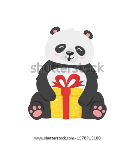 Kawaii panda holding present box. Cute asian animal with christmas gift in wrappage. Chinese wildlife cartoon character. Oriental bear with festive package. New year themed flat vector illustration