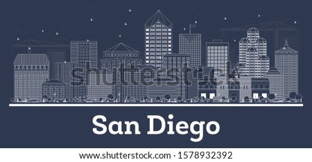 Outline San Diego California City Skyline with White Buildings. Vector Illustration. Business Travel and Concept with Historic Architecture. San Diego Cityscape with Landmarks. 