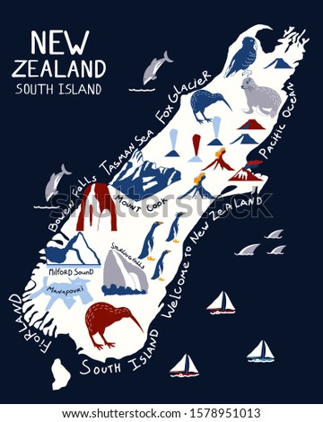 New Zealand illustrated hand drawn map. Map of South Island of New Zealand on blue background. New Zealand nature landmarks, animals.  Travel postcard, poster concept 