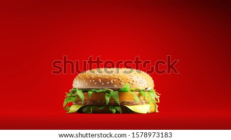 Delicious hamburger with seeded bun falls down and all ingridients stuck up. Meal is fresh, springy and ready to eat. Classic red background slow motion studio shot.
