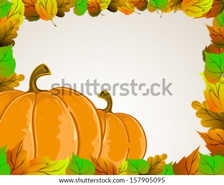  Pumpkins on a background of autumn leaves. Halloween Greeting Card