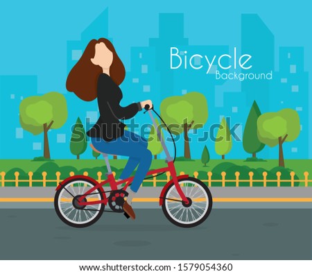 Girl Ride Bicycle. Cartoon Girl Cycling in Park. City Building Panorama Vector Illustration. Active Leisure Healthy Lifestyle Outdoors