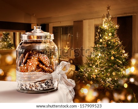 Gingerbread cookies jar Christmas tree room background