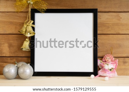 Black Square Frame Christmas Mockup with pink angel and silver balls