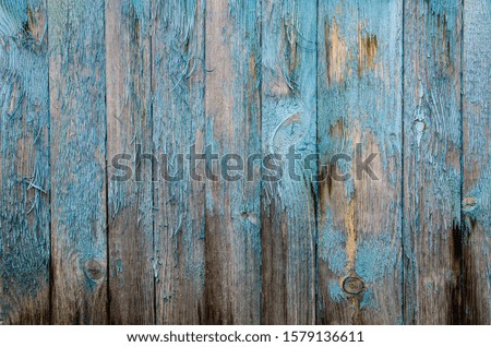 Shabby faded old light blue painted vertical wooden boards with peeling and circles from knots.  Abstract wooden background.