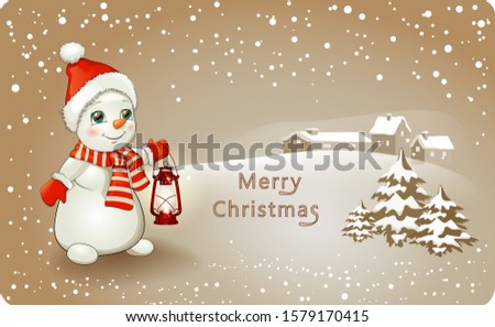 Snowman with antique kerosene lamp and winter landscape Happy New Year and Merry Christmas greeting card . Vector isolated for postcard. Snow man on Christmas day, Merry Christmas and Happy New Year