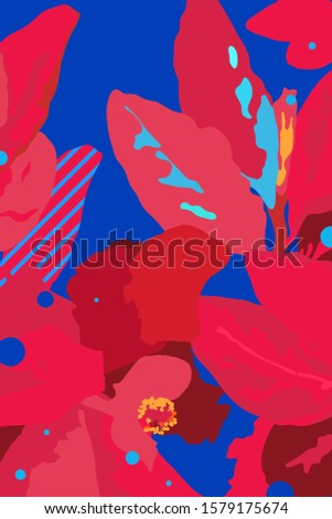 Flat tropical flowers and leaves background design, hight contrast red and blue colour, simple and fun composition