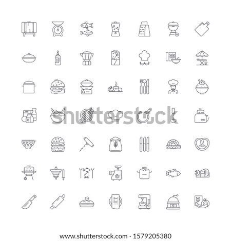 Restaurant kitchen linear icons, signs, symbols vector line illustration set