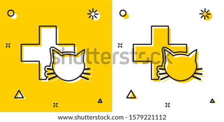 Black Veterinary clinic symbol icon isolated on yellow and white background. Cross with cat veterinary care. Pet First Aid sign. Random dynamic shapes. 