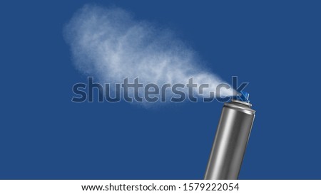VFX plate photo of spray can with blast on blue background, fountain of vaporized foam particles Royalty-Free Stock Photo #1579222054
