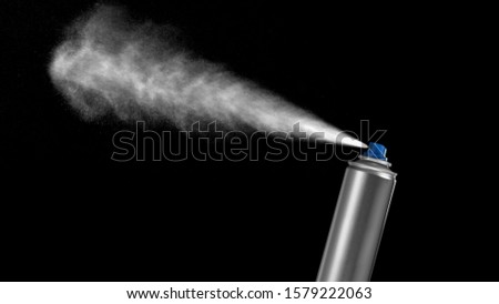 VFX plate photo of spray can with blast on black background, fountain of vaporized foam particles Royalty-Free Stock Photo #1579222063