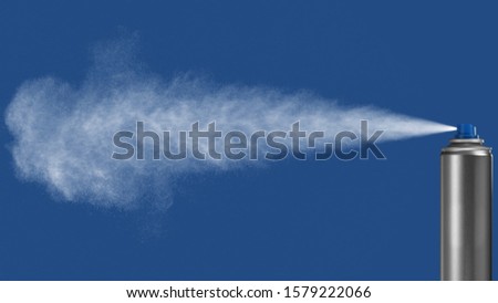 VFX plate photo of spray can with blast on blue background, fountain of vaporized foam particles Royalty-Free Stock Photo #1579222066