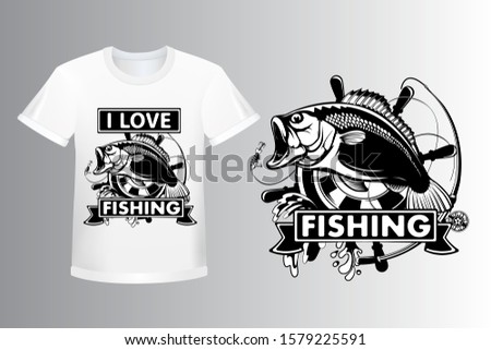 Fishing logo. Bass fish with rod club emblem. Fishing theme illustration. Isolated on white.